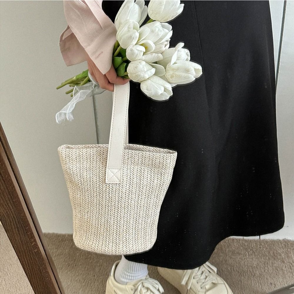 Woven Straw Bag - Fashion PU Straw Bucket Bag Korean