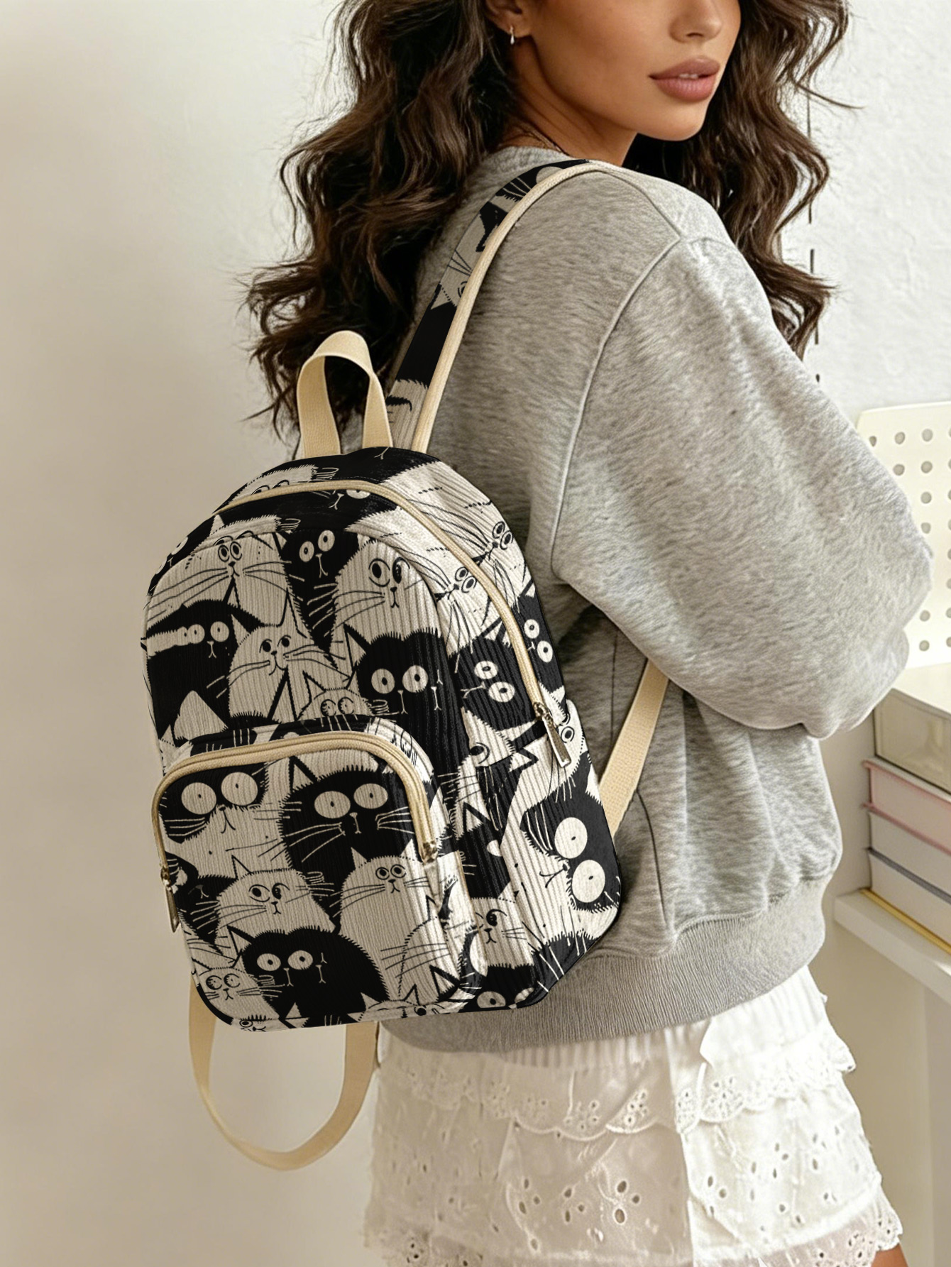 Black & White Cartoon Cats All - Women Bags White ulasan dan harga