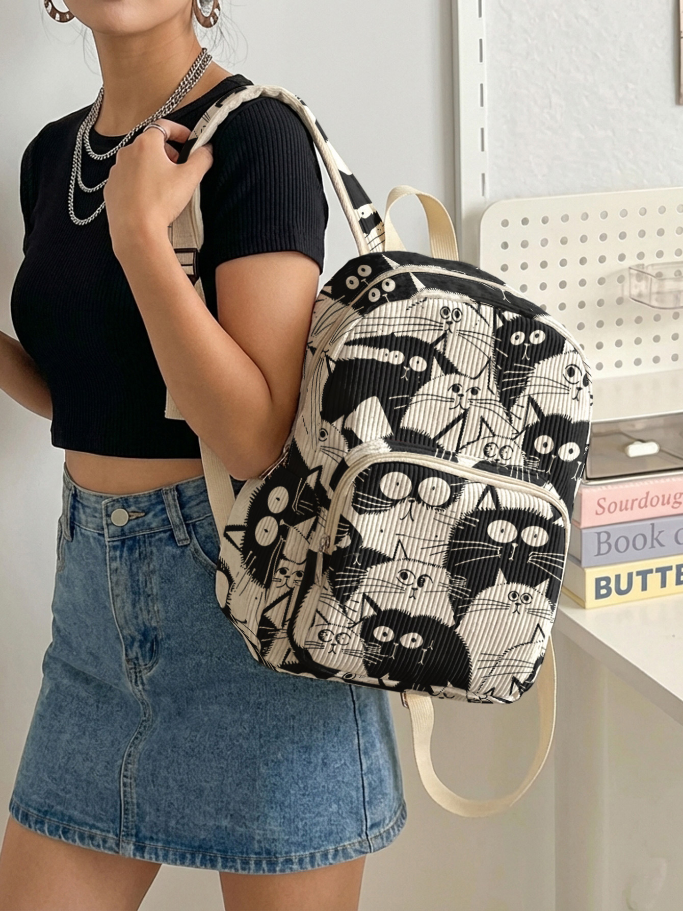 Black & White Cartoon Cats All - Women Bags White ulasan dan harga