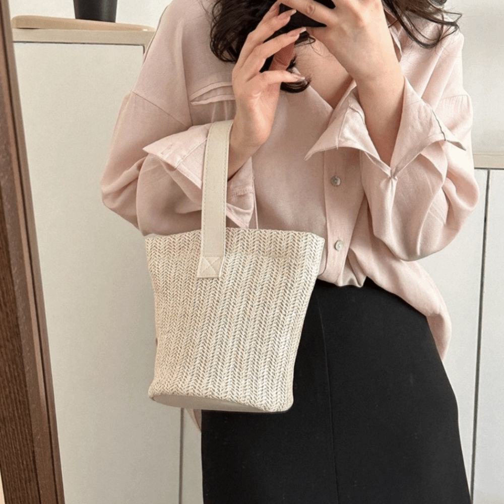 Fashion PU Straw Bucket Bag Ko - Woven Straw Bag ulasan dan harga