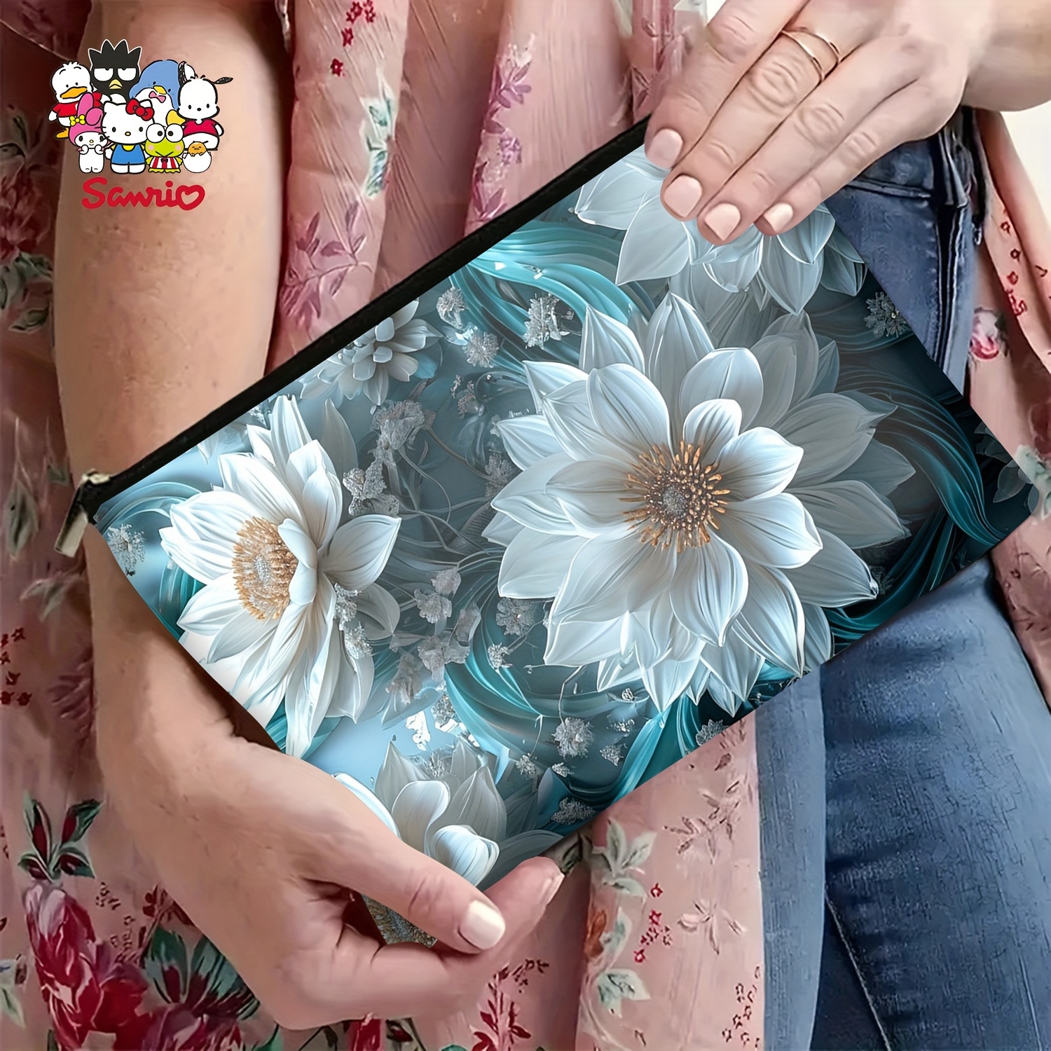 A Blue and white flower makeup - Women Bags White ulasan dan harga