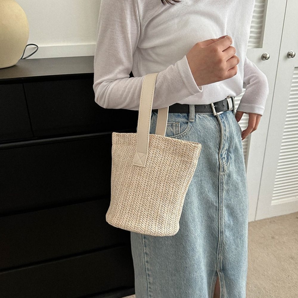 Cute PU Straw Bucket Bag Korea - Woven Straw Bag ulasan dan harga