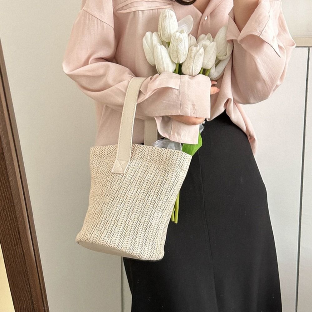 Sweet PU Straw Bucket Bag Kore - Woven Straw Bag ulasan dan harga