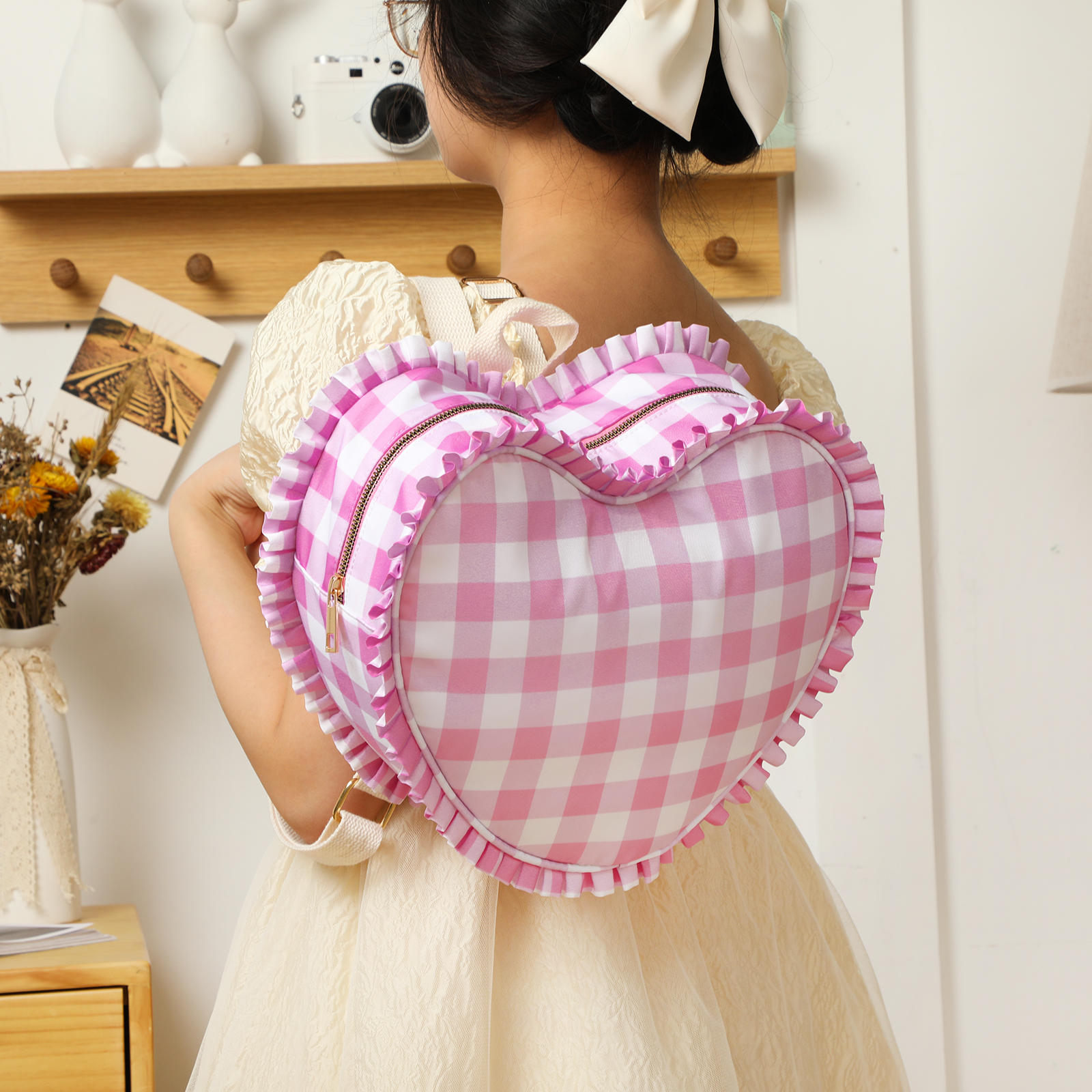 Ruffle Heart Shape Backpack Fa - Women Bags White ulasan dan harga